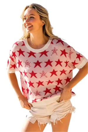 TEEK - Red Star Pattern Short Sleeve Knit Top