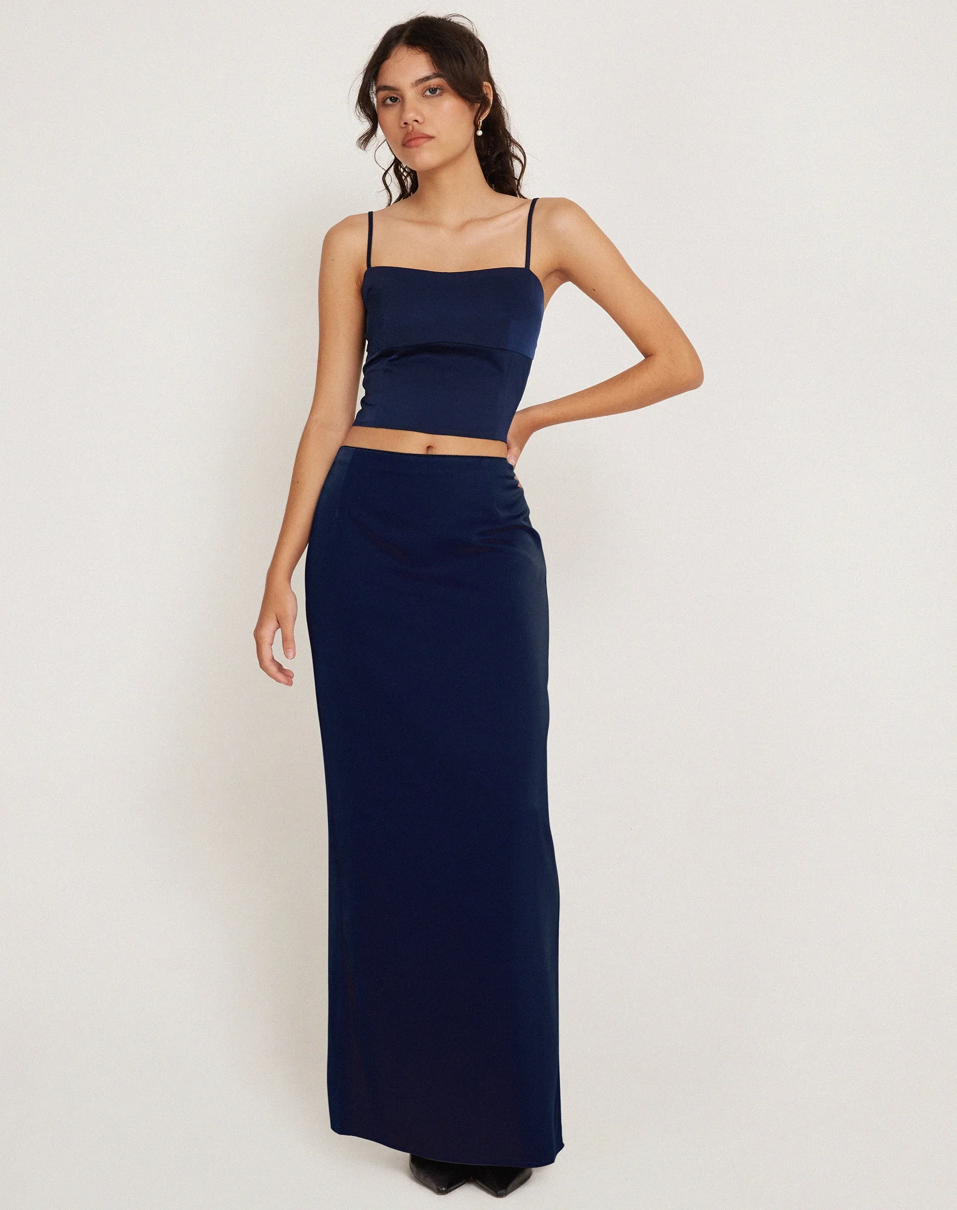 Tenley Crop Top in Satin Midnight Navy Blue