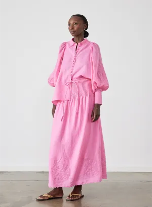 Vanessa Linen Maxi Embroidery Skirt | Dahlia Pink