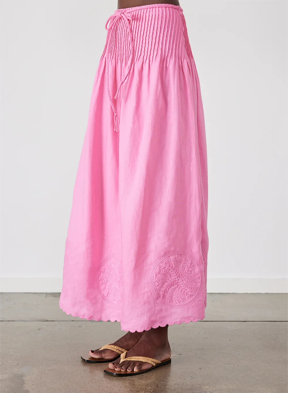 Vanessa Linen Maxi Embroidery Skirt | Dahlia Pink