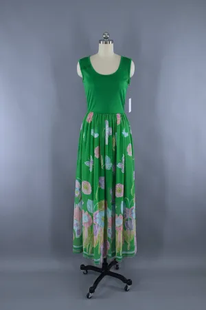 Vintage 1960s Maxi Dress / Bright Green Floral Print Dress