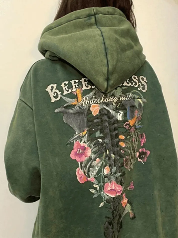 Vintage Blooming Skull Fleece Lined Pullover Hoodie