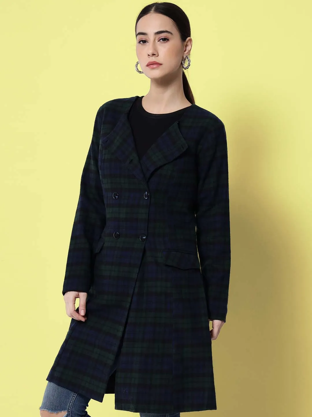 Women Blue & Green Checked Pure Cotton Overcoat