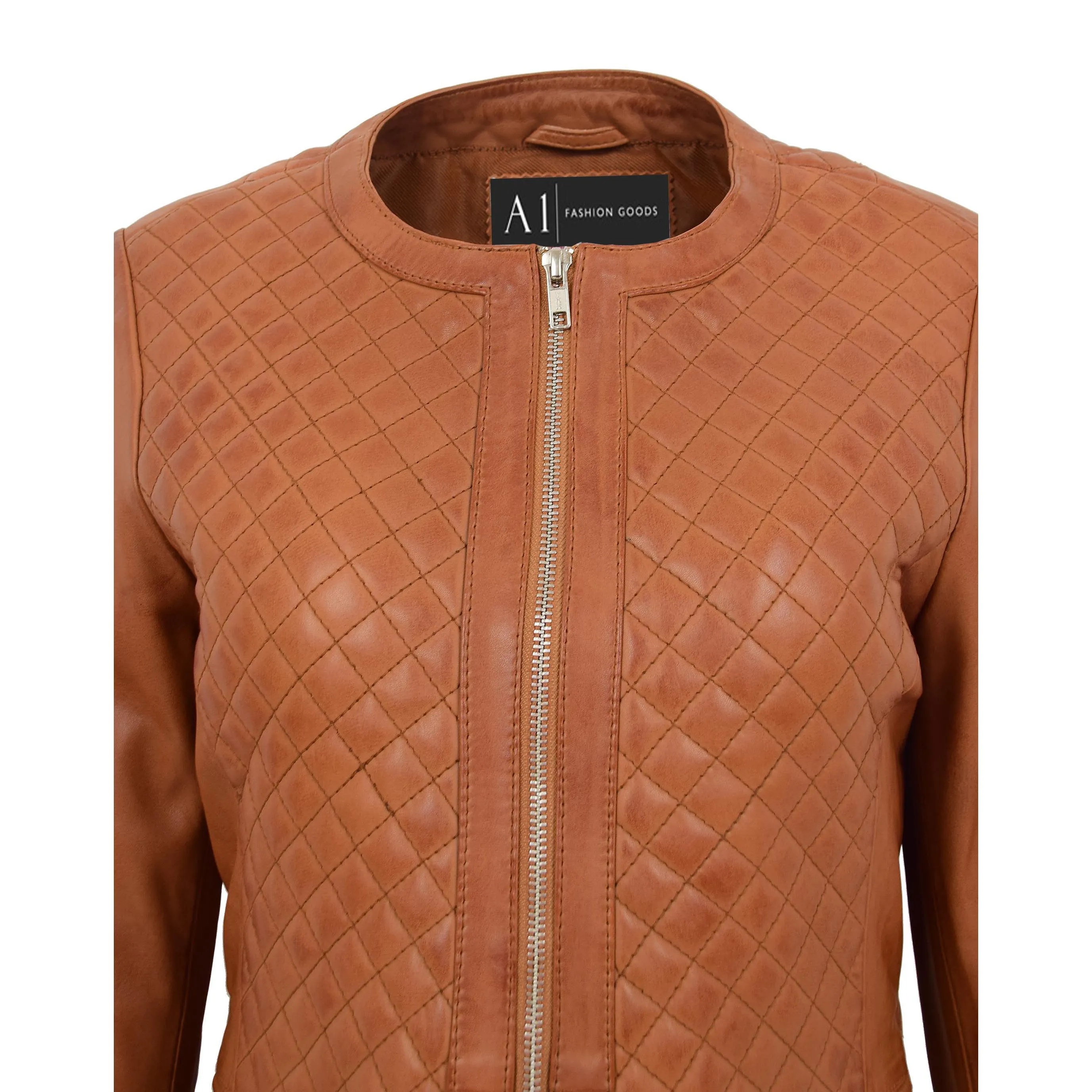 Women Collarless Cognac Leather Jacket Fitted Quilted Zip Up - Remi