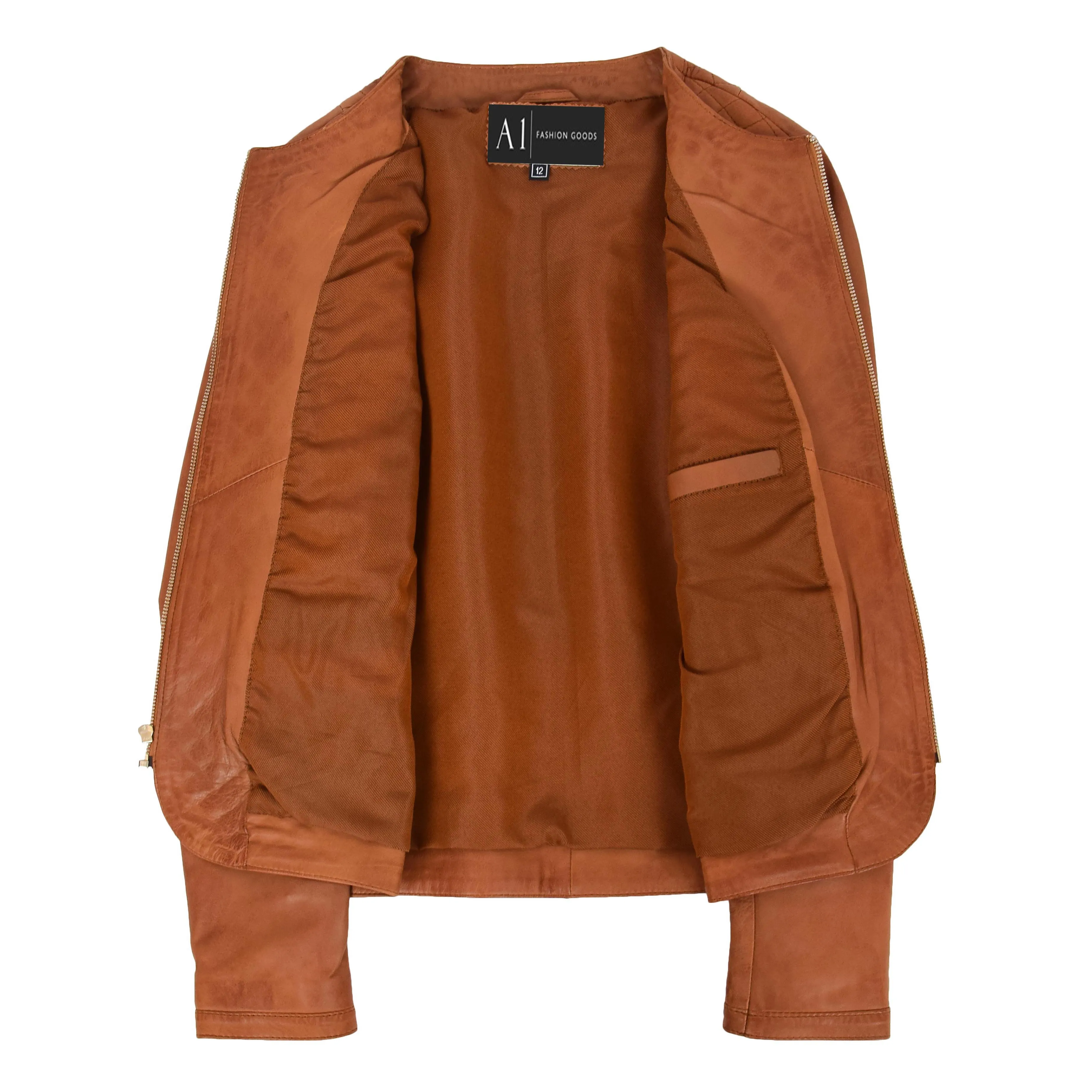 Women Collarless Cognac Leather Jacket Fitted Quilted Zip Up - Remi