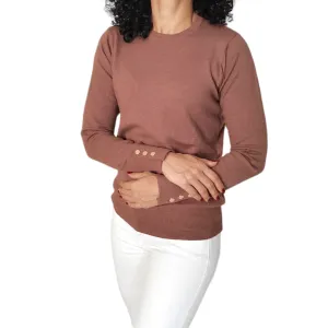 Women Round-Collar Pullover (buttons on sleeve) - Coffee